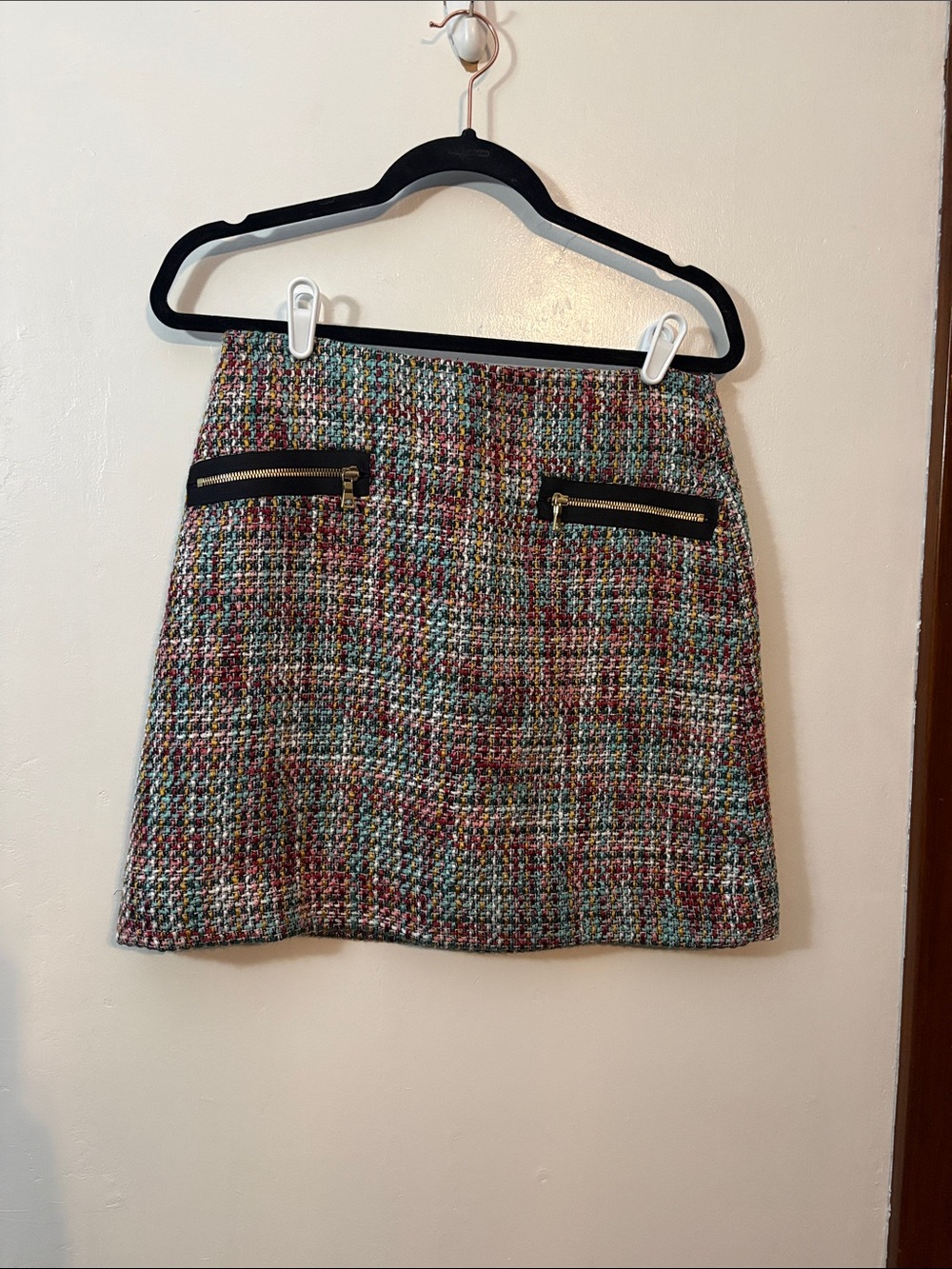 NWT: LOFT Multicolor Tweed Mini Skirt with Black Zip Trim